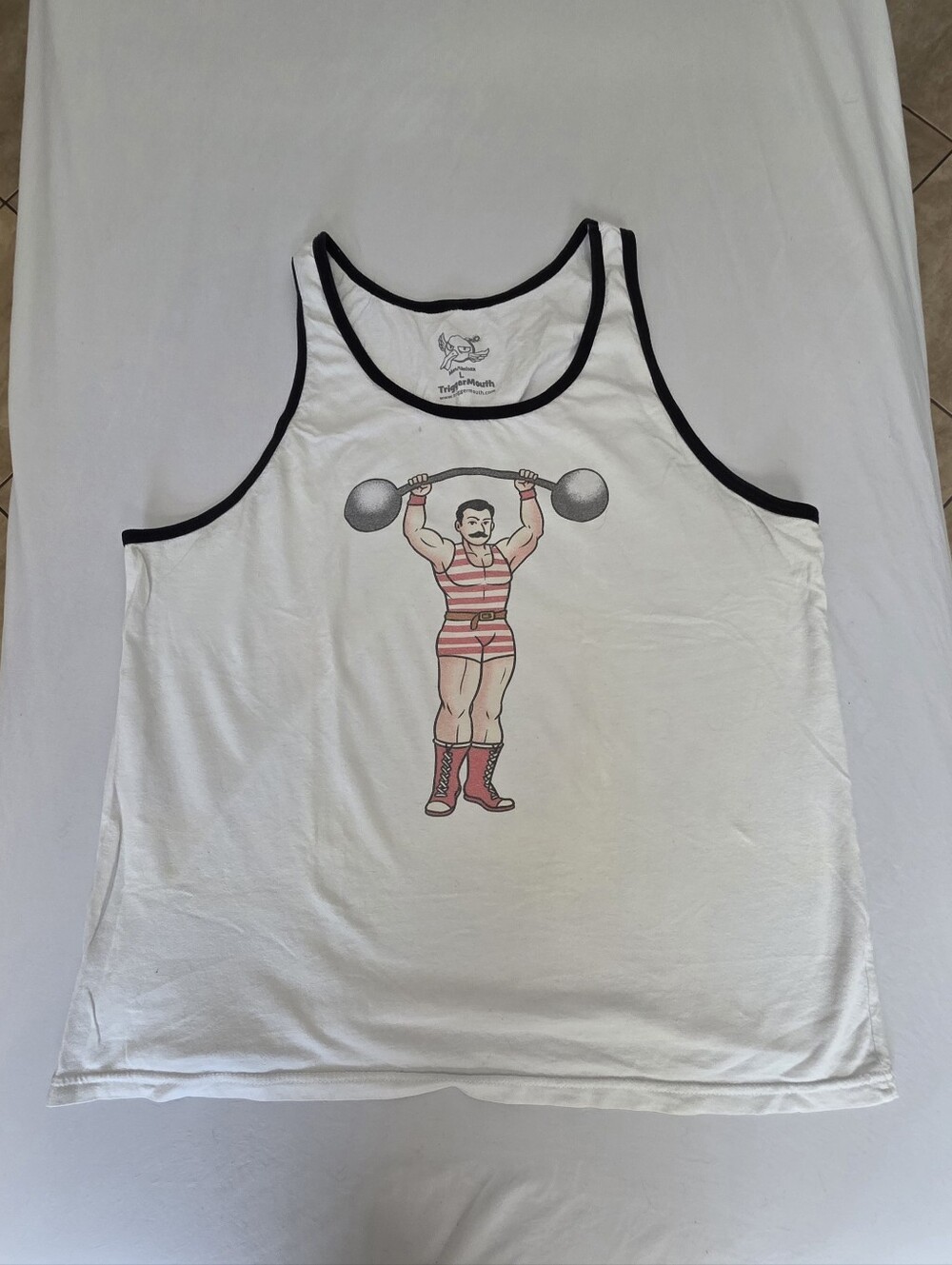 White Tank Top with Red Strongman Graphic